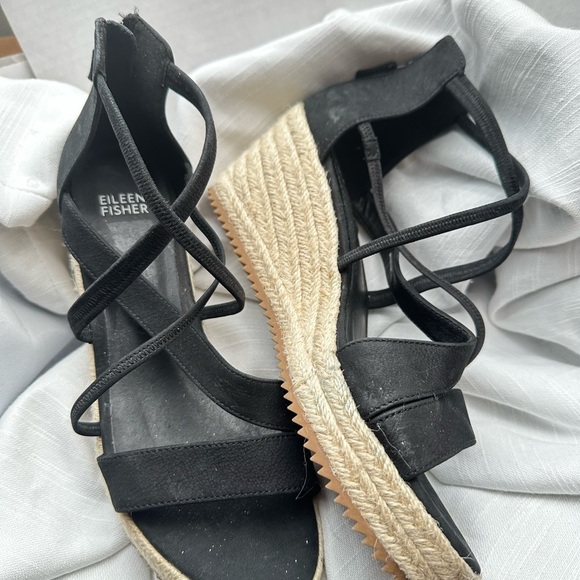 Eileen Fisher Black Wedge Sandals Espadrilles straps zipper back low heel  sz 8 - Picture 2 of 12